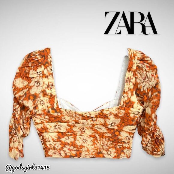 NWT Zara Printed Drape Crop Top Square Neck Orange Floral Sz XS - Picture 4 of 10